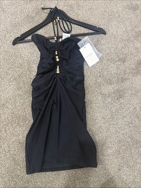 Black Halter Mini Dress with Gold Bead Accents